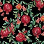 Black Background Pomegranate Patterned Sofa and Curtain Fabric