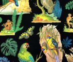 Black Fabric with Forest Birds and Parrot Pattern - Image 3