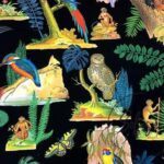Black Fabric with Forest Birds and Parrot Pattern