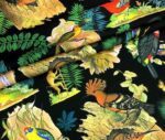 Black Fabric with Forest Birds and Parrot Pattern - Image 7