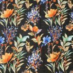 Black Linen Blue Floral Pattern Fabric