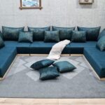 U Shaped Wooden Platform Couch, Blue Velvet Sectional Sofa