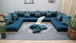U Shaped Wooden Platform Couch, Blue Velvet Sectional Sofa