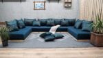 U Shaped Wooden Platform Couch, Blue Velvet Sectional Sofa - Image 3