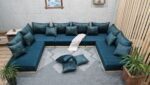 U Shaped Wooden Platform Couch, Blue Velvet Sectional Sofa - Image 4