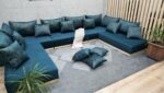U Shaped Wooden Platform Couch, Blue Velvet Sectional Sofa - Image 5