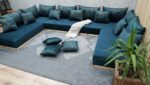 U Shaped Wooden Platform Couch, Blue Velvet Sectional Sofa - Image 6