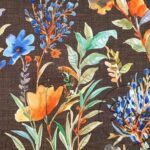 Brown Linen Blue Floral Pattern Fabric