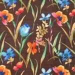 Coffee Linen Watercolor Flowers Patterned Fabric