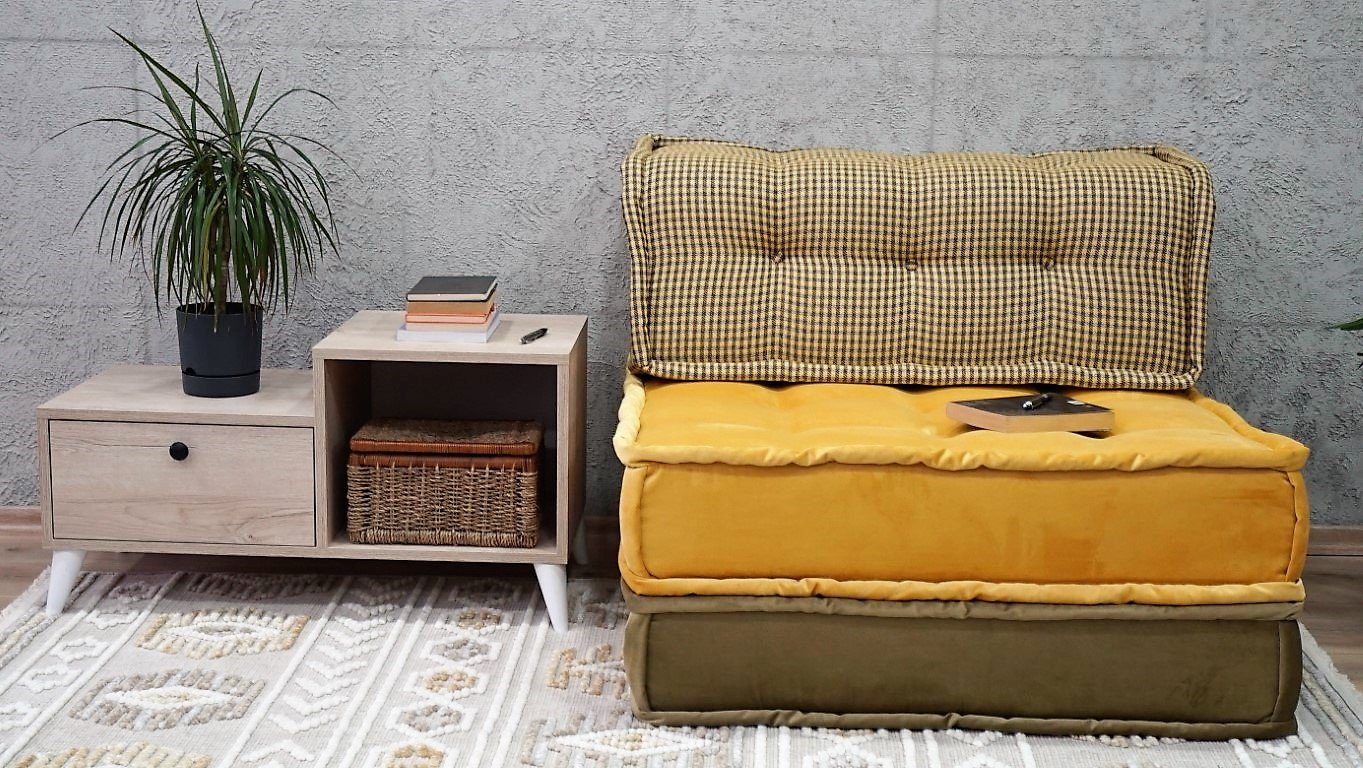 folding-couch-bed-1.jpg Velvet Mustard Yellow Mid Century Modern Sofa - Image 1