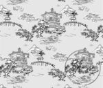 Gray Black Chinese Houses Patterned Sofa and Curtain Fabric