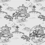 Gray Black Chinese Houses Patterned Sofa and Curtain Fabric