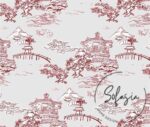 Gray Claret Red Chinese Houses Patterned Sofa and Curtain Fabric