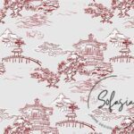 Gray Claret Red Chinese Houses Patterned Sofa and Curtain Fabric