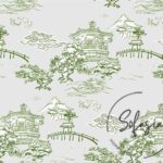 Gray Green Chinese Houses Patterned Sofa and Curtain Fabric