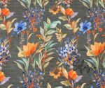Gray Linen Blue Floral Pattern Fabric