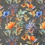 Gray Linen Blue Floral Pattern Fabric