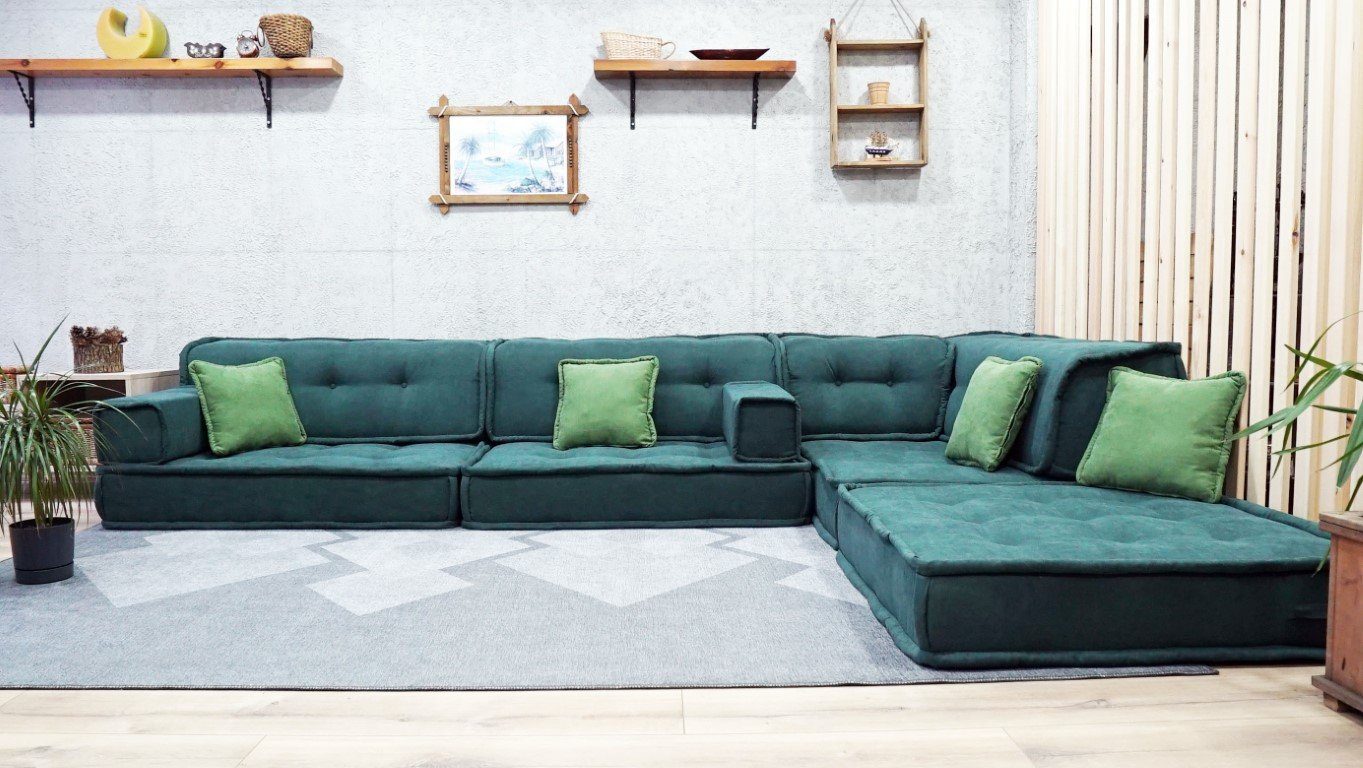 green-corner-sofa-3.jpg Green Corner Sofa in The Floor - Extra Large Floor Cushions - Image 1