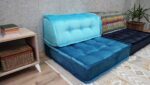 Large Blue Velvet Floor Cushion With Back Support For Livingroom - Image 2