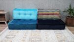 Large Blue Velvet Floor Cushion With Back Support For Livingroom