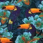 Orange Navy Blue Toucan Bird Patterned Fabric