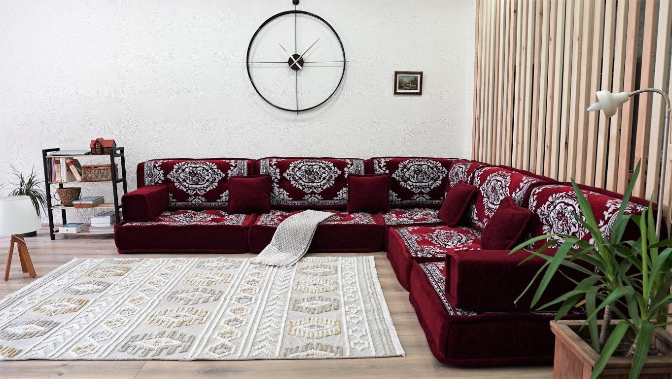 ottoman-sofa-set-5.jpg Arabic Majlis Sofa Set, Red Color L Shaped Floor Seating - Image 1