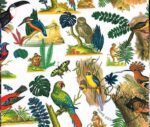 White Fabric with Forest Birds and Parrot Pattern