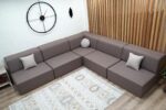 Brown Linen Sectional Sofa L Shaped, Modular Floor Seating