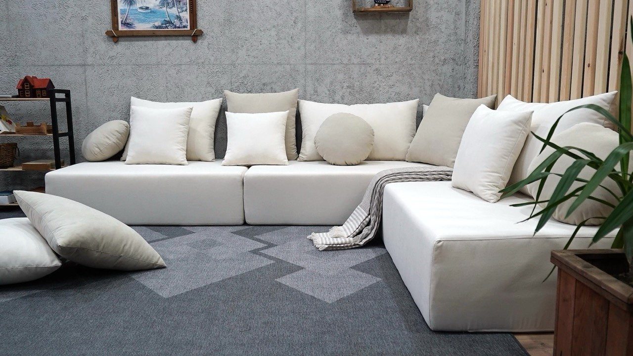 cream sectional foam sofa 7 Cream Floor Pillows For Adult, Sectional Foam Couch - Image 1