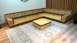 Yellow Velvet Arabic Sofa Sectional With Ottoman - Image 2