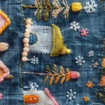 Ikat Fabric Model with 3D House and Tree Design, Snow and Winter Design