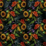 Black Upholstery Fabric with Sunflower and Red Flower Pattern