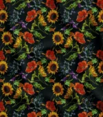 Black Upholstery Fabric with Sunflower and Red Flower Pattern