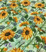 Green Background Upholstery and Curtain Fabric with Sunflower Pattern