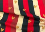Red, Black, Cream Colored Striped Heart Motif Upholstery Fabric