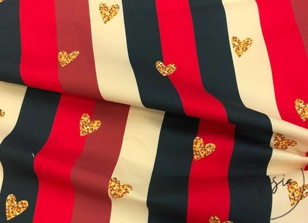 Striped Heart Motif Upholstery Fabric Red, Black, Cream Colored Striped Heart Motif Upholstery Fabric - Image 1