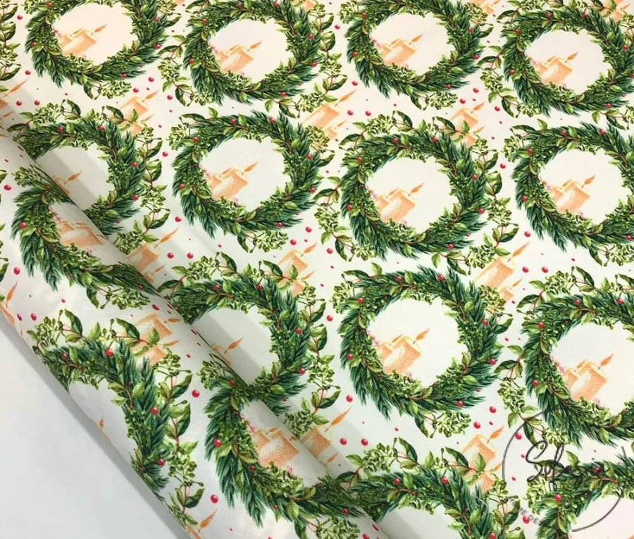 Candle and Green Wreath Patterned Fabric Candle and Green Wreath Patterned Fabric - Image 1
