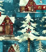 Country Houses Patterned Pine Trees and Winter Themed Fabric - Image 4