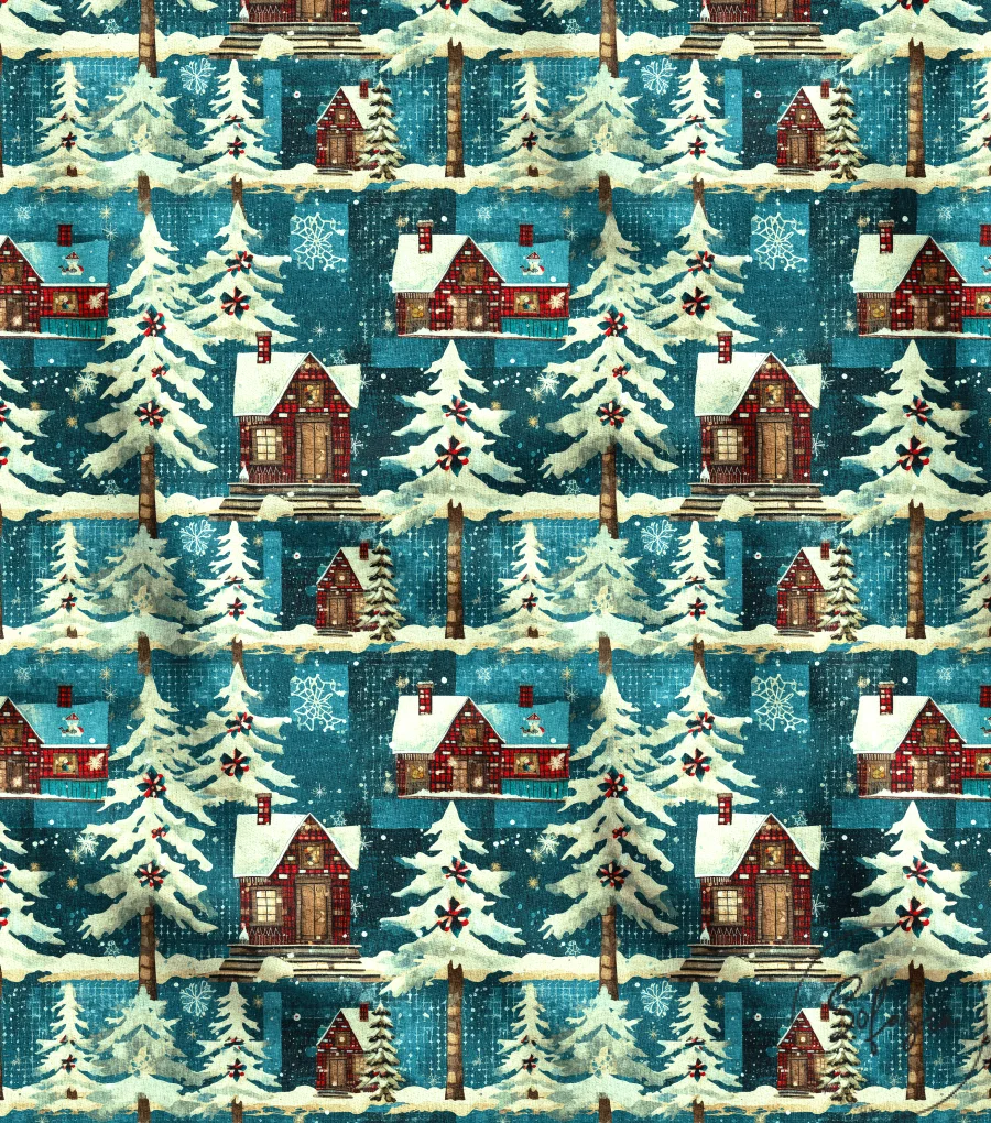Country Houses Patterned Pine Trees and Winter Themed Fabric Country Houses Patterned Pine Trees and Winter Themed Fabric - Image 1