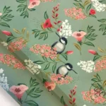 Green Colored Goldfinch and Leaf Motif Upholstery Fabric