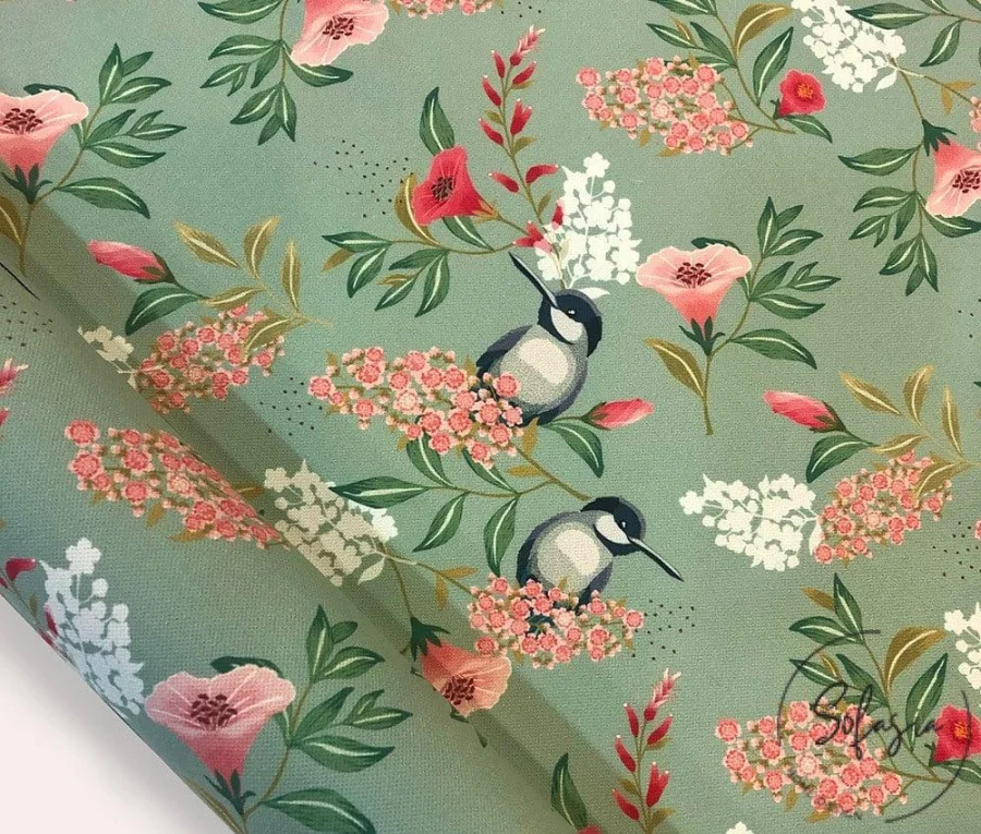 Green Colored Goldfinch and Leaf Motif Upholstery Fabric Green Colored Goldfinch and Leaf Motif Upholstery Fabric - Image 1