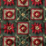 Green Fabric with 3D Red Floral Embroidery Pattern
