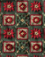 Green Fabric with 3D Red Floral Embroidery Pattern