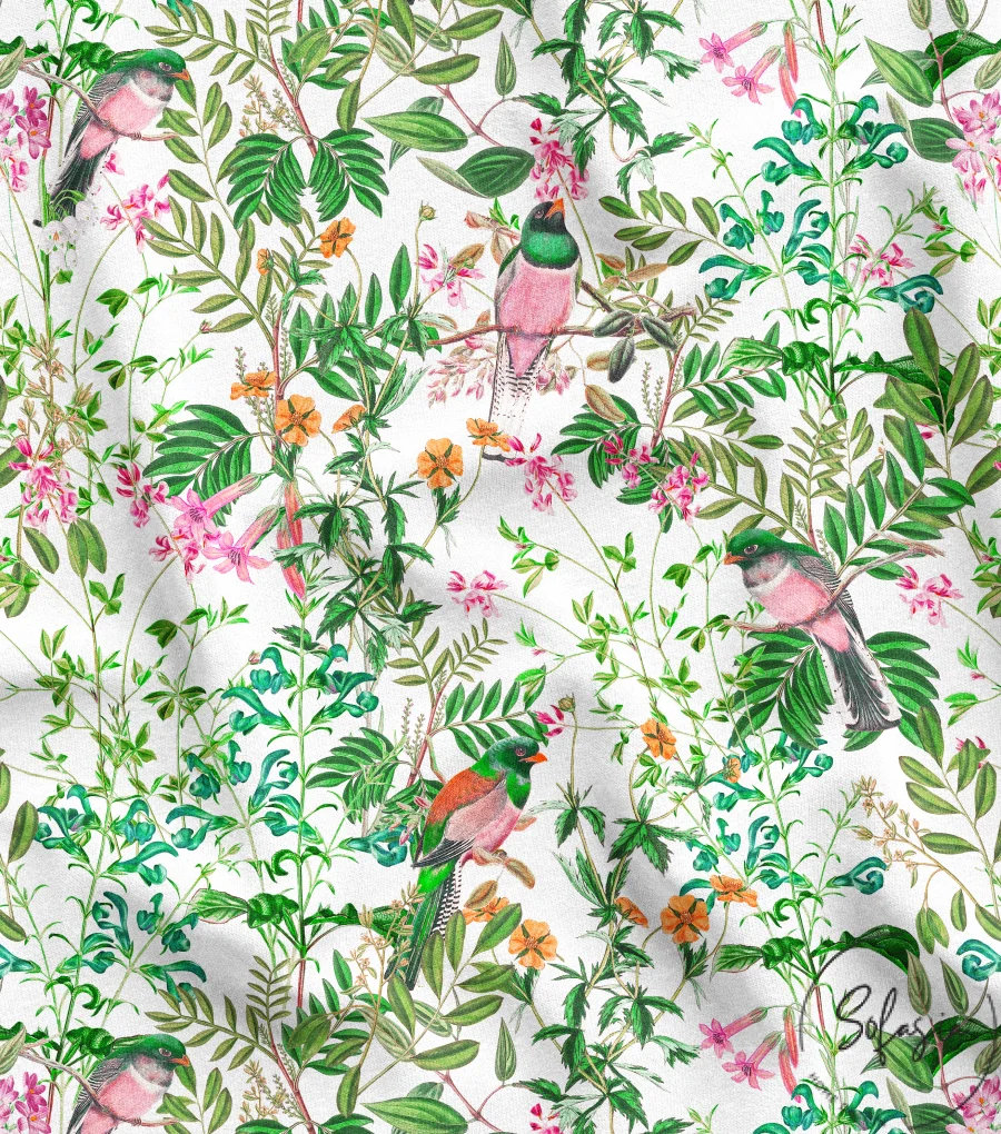 Ikat Fabric Pattern with Birds and Leaf Branches Design Ikat Fabric Pattern with Birds and Leaf Branches Design - Image 1