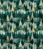 Nature Themed Green Fabric with Pine Tree Pattern and Embroidery Effect