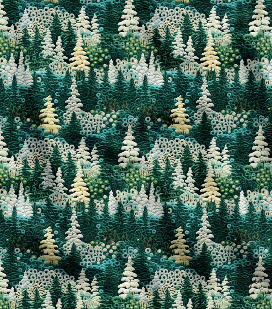 Nature Themed Green Fabric with Pine Tree Pattern and Embroidery Effect Nature Themed Green Fabric with Pine Tree Pattern and Embroidery Effect - Image 1