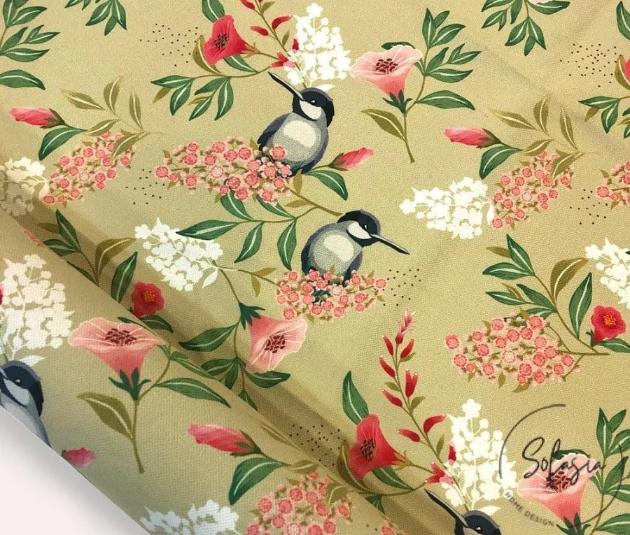Oil Yellow Colored Goldfinch and Leaf Motif Upholstery Fabric Oil Yellow Colored Goldfinch and Leaf Motif Upholstery Fabric - Image 1