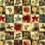 Patchwork Fabric with Red Flower Pattern and Gold Background