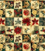 Patchwork Fabric with Red Flower Pattern and Gold Background
