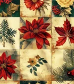 Patchwork Fabric with Red Flower Pattern and Gold Background - Image 4